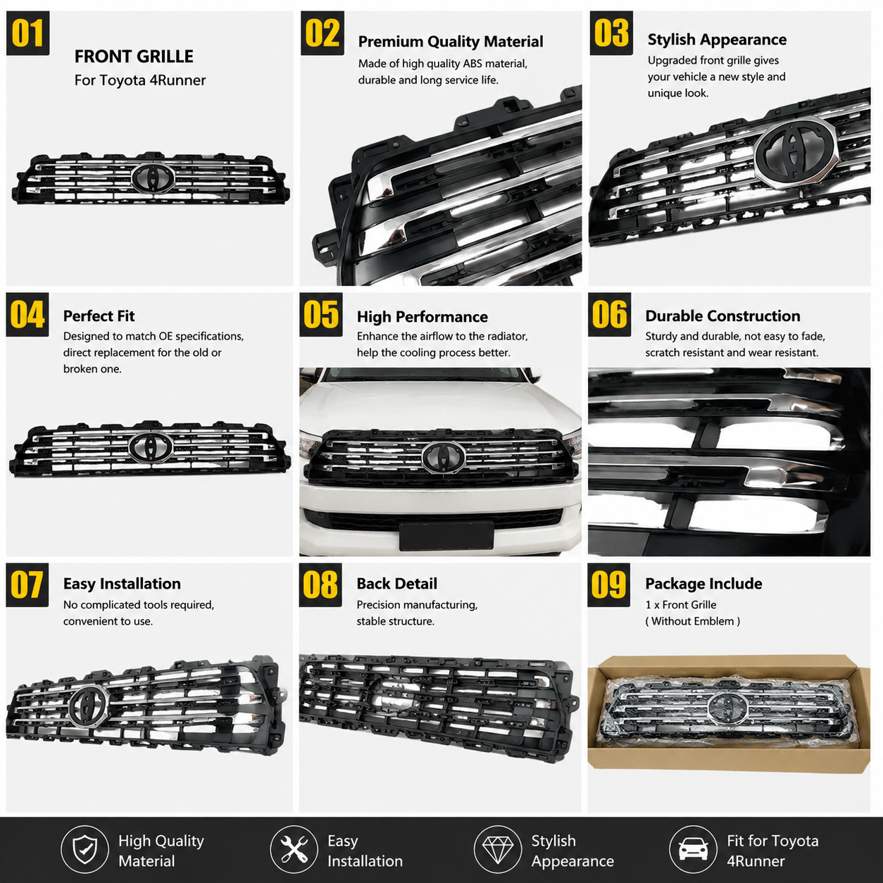 Plastic Front Grille for Toyota 4runner 2014-2020 Black Color
