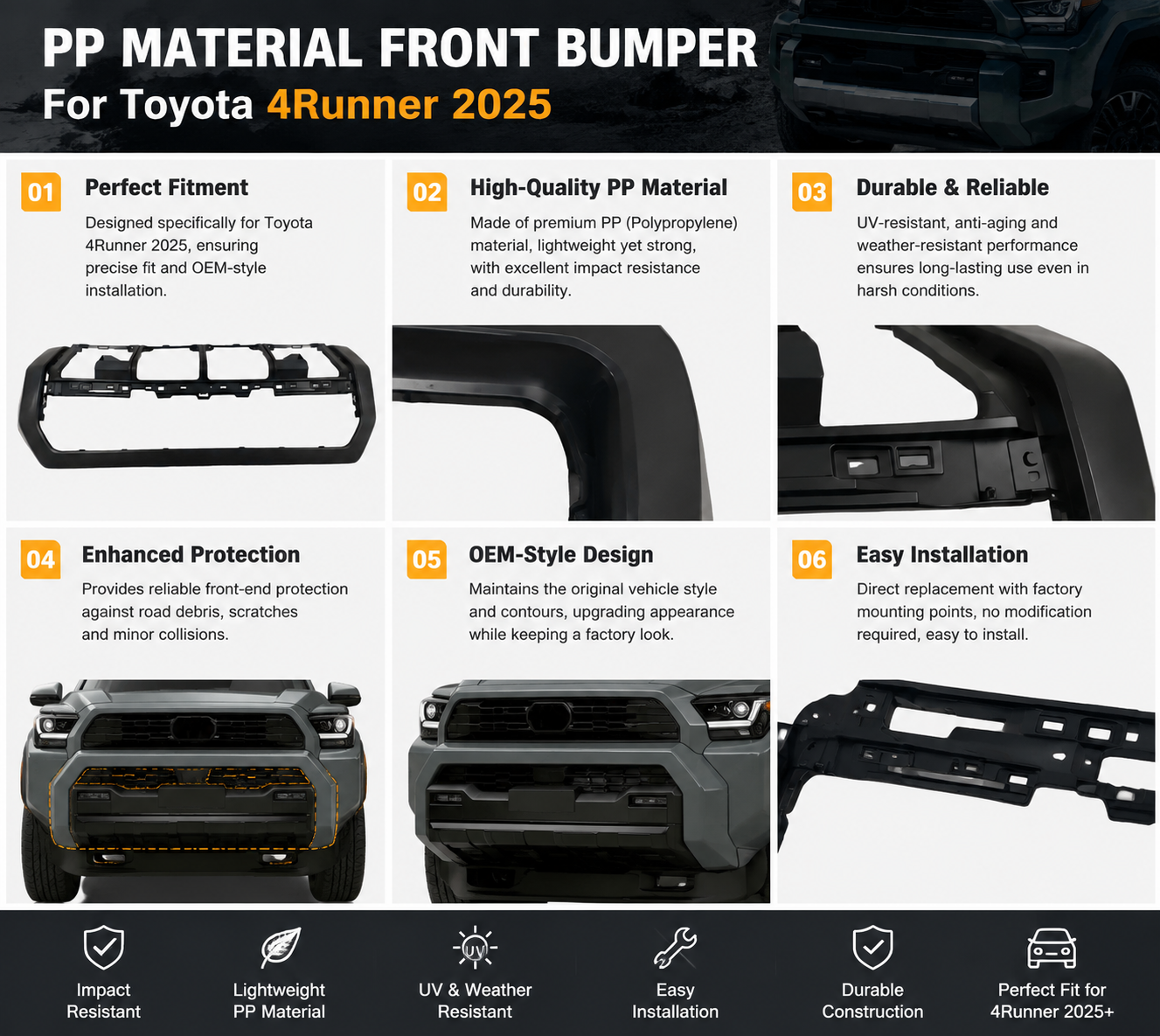 PP Material Front Bumper for Toyota for 4 RUNNER 2025