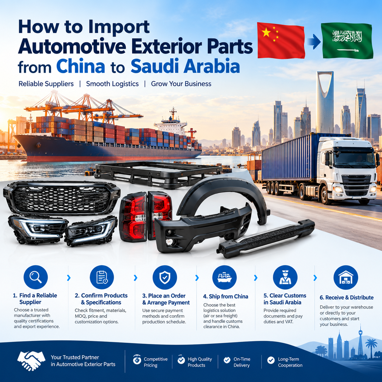 How to Import Automotive Exterior Parts from China to Saudi Arabia